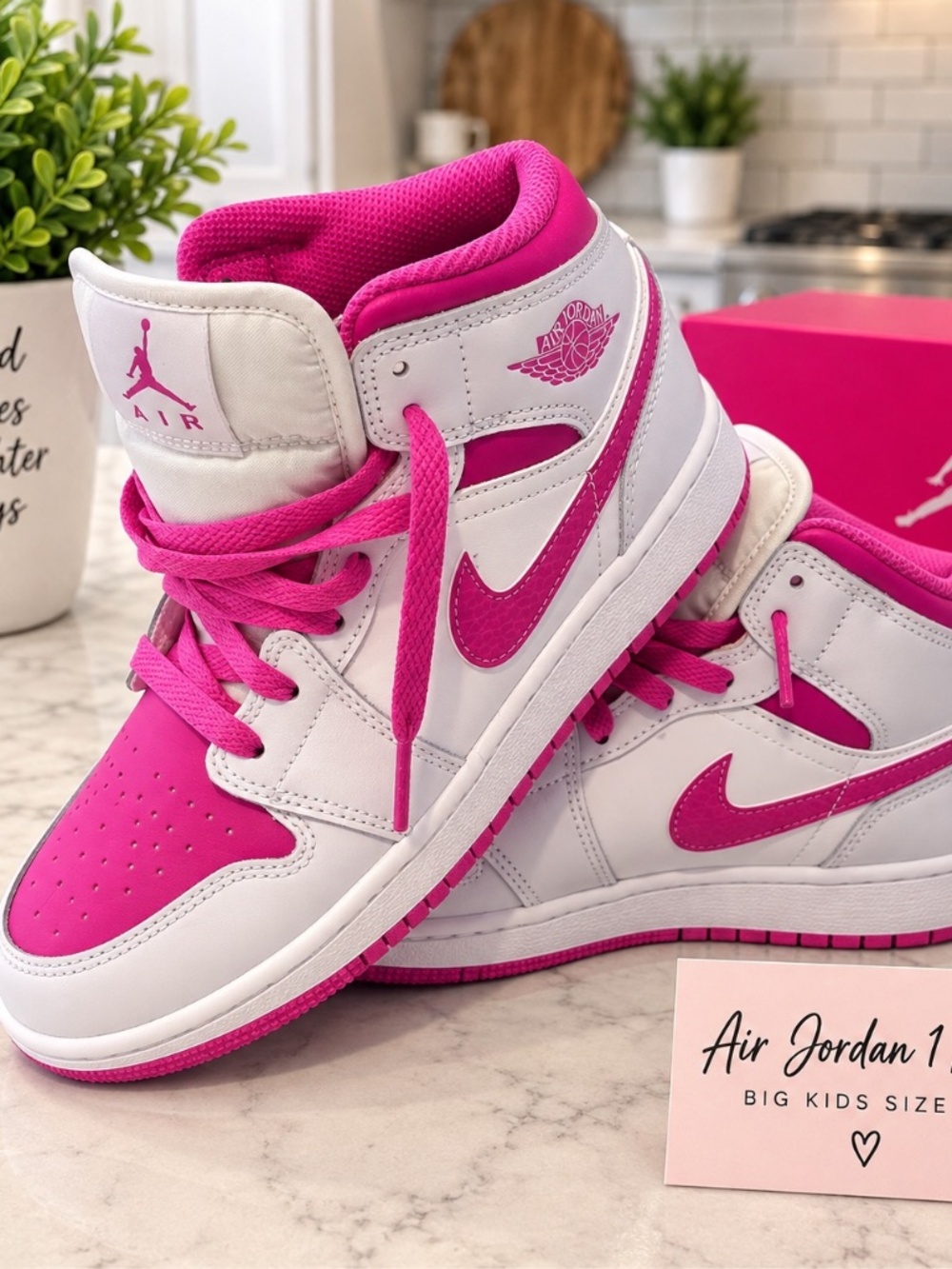 Air Jordan 1 Mid Girls Size 4Y Pink Rose White Sneakers NEW